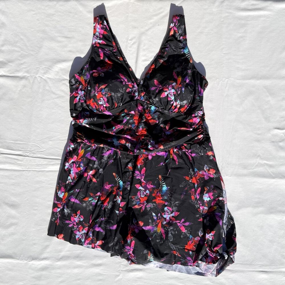 Torrid Asymmetrical Swim Dress Womens Plus 3 Black Dark Floral 3X
